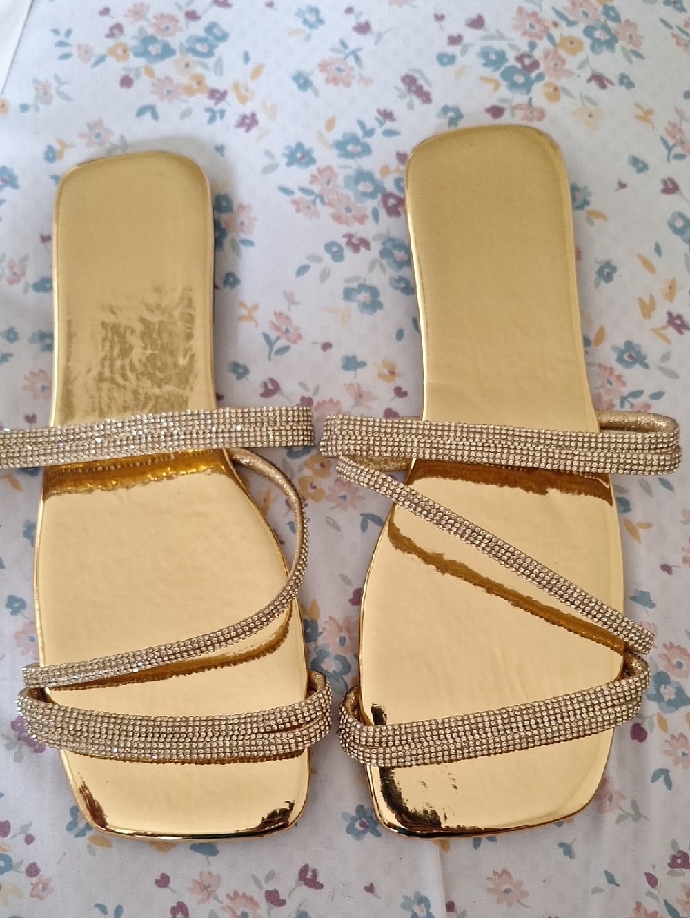 Gold Strappy Rhinestone Slide Sandals for Women